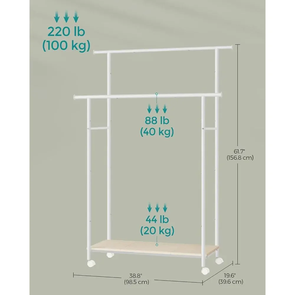 Clothes Rack with Wheels, Double-Rod 38.8 Inch Garment Rack, Shelf, up to 220 lb